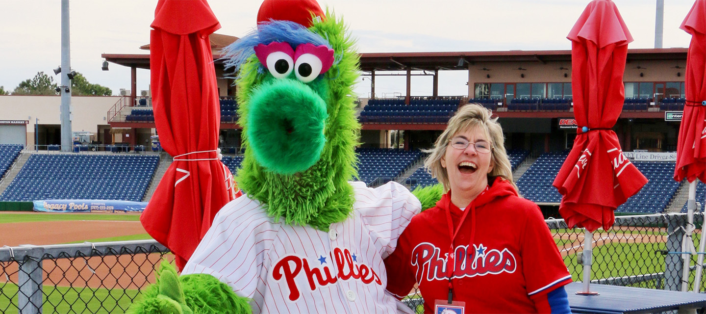 Phillie Phanatic with a Phan attendee
